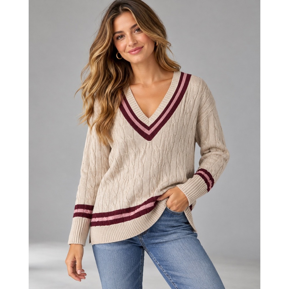Boston Proper Beige Cable Knit Metallic V-Neck Striped Sweater Medium Academia